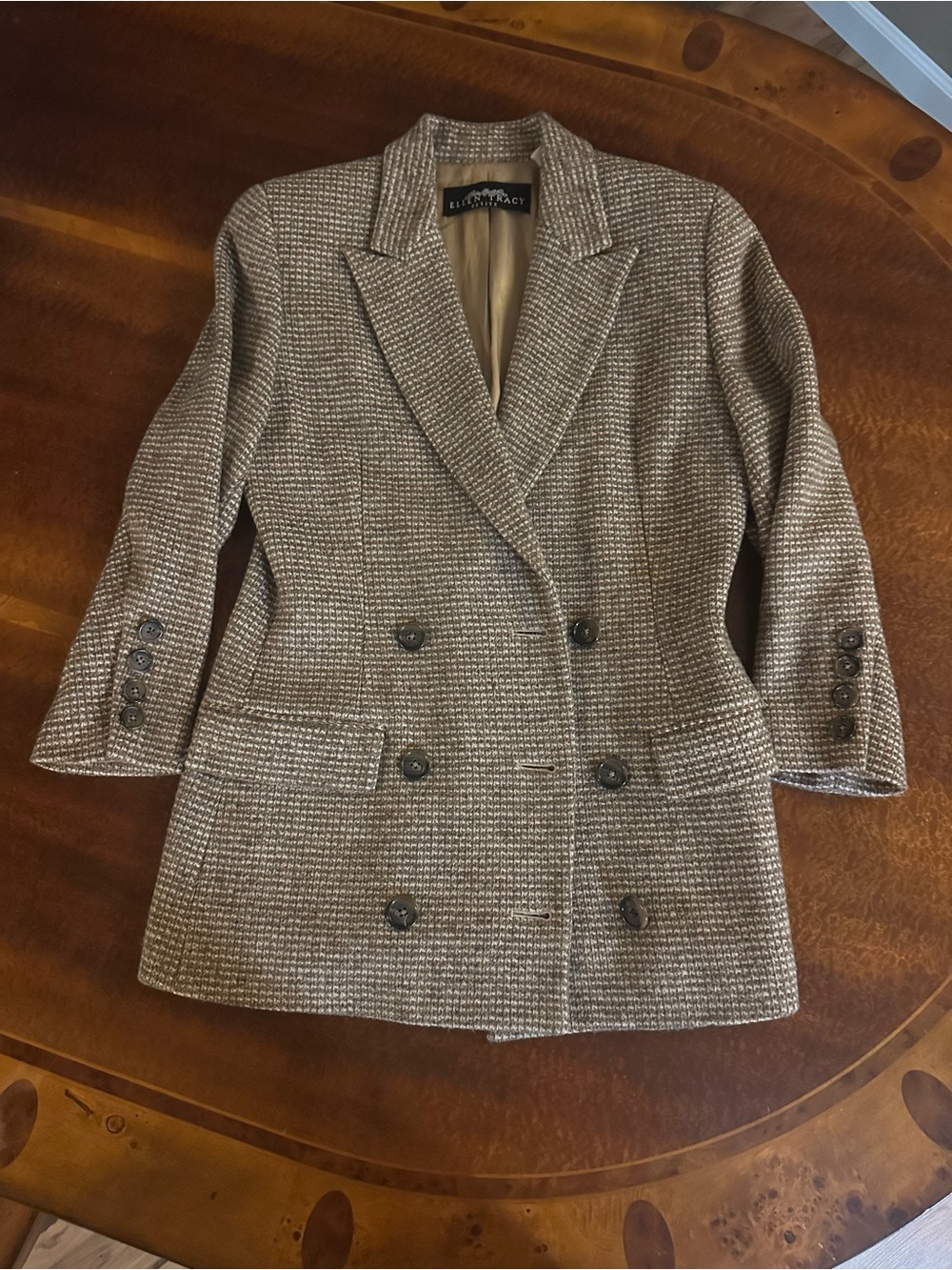 Vintage Ellen Tracy Brown Tweed Double-Breasted Blazer Jacket